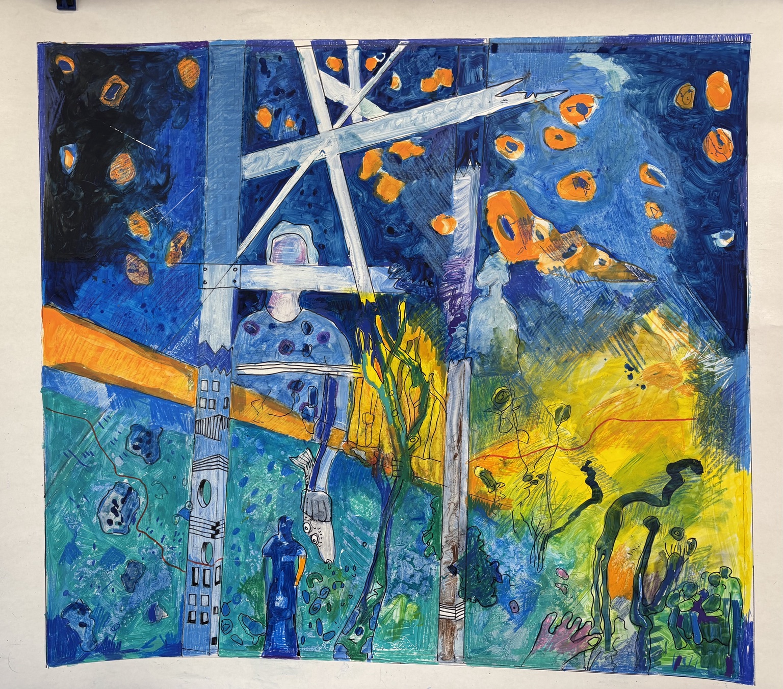 Blauw en groen landschap met witte lijnen en gele details.