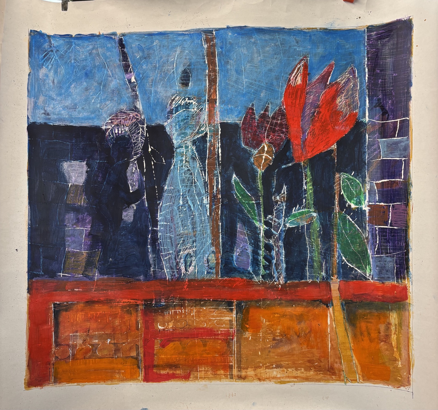 Blauw landschap met rode plantvormen boven een oranje vlak.